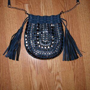 Blue Studded Crossbody Bag With Tassels Fringe
